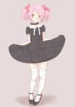  1girl blush choker dress kaname_madoka looking_at_viewer mahou_shoujo_madoka_magica pink_eyes pink_hair rough short_hair simple_background solo thighhighs wa_(genryusui) white_legwear 