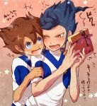  2boys angry blue_hair blush brown_hair english gift heart inazuma_eleven_(series) inazuma_eleven_go inazuma_eleven_go_galaxy male matsukaze_tenma multiple_boys open_mouth shinsei_inazuma_japan soccer_uniform star translation_request tsurugi_kyousuke valentine yamaki_suzume yaoi yellow_eyes 