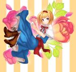  1girl alice_margatroid blonde_hair blue_eyes blush boots bread_sakana capelet cup dress flower hairband highres looking_at_viewer petals short_hair solo teacup touhou 