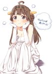  1girl ahoge alternate_costume bare_shoulders breasts bride brown_hair cleavage double_bun dress elbow_gloves gloves hair_ornament hairband kantai_collection kongou_(kantai_collection) long_hair mitsuki_meiya personification translation_request wedding_dress 