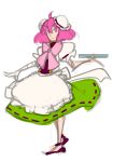  1girl abstract_cactus adapted_costume apron bandages bow bun_cover double_bun ibaraki_kasen maid pink_eyes pink_hair sketch smile touhou tray 