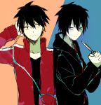  2boys bags_under_eyes black_eyes black_hair dual_persona earphones holding hoodie kagerou_project kisaragi_shintarou looking_at_viewer looking_away loss_time_memory_(vocaloid) mitsu_yomogi multiple_boys scissors short_hair sweater 