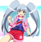  1girl alternate_costume blue_eyes blue_hair blush collarbone happinesscharge_precure! highres jacket long_hair payot precure shirayuki_hime shirt shorts smile solo tom_(drpow) twintails 