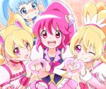  1dora 4girls :d aida_mana aino_megumi blonde_hair blue_eyes blue_hair choker clenched_teeth color_connection crossed_arms cure_heart cure_lovely cure_peach cure_princess dokidoki!_precure earrings fresh_precure! hair_ornament happinesscharge_precure! heart heart_hair_ornament heart_hands heart_hands_duo jewelry long_hair magical_girl momozono_love multiple_girls open_mouth pink_eyes pink_hair pink_skirt ponytail precure shirayuki_hime skirt smile tears twintails wrist_cuffs 