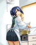  1girl apron back blue_eyes blue_hair blush cooking dish japanese_clothes jewelry kantai_collection kitchen looking_back open_mouth pot ring skirt smile souryuu_(kantai_collection) spoon twintails 