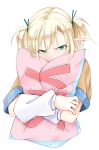  1girl alternate_hairstyle arm_warmers blonde_hair blush covered_mouth green_eyes hair_ribbon kurokuro looking_at_viewer mizuhashi_parsee pillow pillow_hug pointy_ears ribbon shirt simple_background solo tears touhou two_side_up white_background yes-no_pillow 
