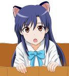  1girl :o animal_ears blue_hair bow box brown_eyes cardboard_box cat_ears for_adoption highres idolmaster kisaragi_chihaya long_hair open_mouth solo takumi_(rozen_garten) 