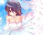  1girl alternate_costume bare_shoulders blush bridal_veil bride dress elbow_gloves eyepatch flower gloves haruta_(806060) kantai_collection personification purple_hair short_hair smile solo_focus tenryuu_(kantai_collection) veil wedding_dress yellow_eyes 