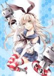  &gt;_&lt; 1girl :3 anchor blonde_hair blue_background brown_eyes bu-kunn elbow_gloves gloves hairband highres kantai_collection long_hair personification rensouhou-chan shimakaze_(kantai_collection) skirt smile striped striped_legwear thighhighs white_gloves 
