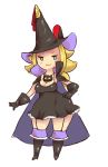  1girl black_dress black_gloves black_mage black_mage_(cosplay) blonde_hair blush_stickers boots bravely_default:_flying_fairy breasts cape cleavage cosplay dress edea_lee garter_straps gloves green_eyes hand_on_hip hat inkerton-kun smile solo thick_thighs thigh_boots thighhighs thighs white_background wide_hips witch_hat 