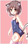  1girl absurdres adjusting_clothes adjusting_swimsuit alternate_costume animal_ears blush brown_eyes brown_hair cat_ears cat_tail chen fang highres looking_at_viewer looking_back multiple_tails naba_(take_tonbo) open_mouth pink_background pink_legwear school_swimsuit simple_background smile solo swimsuit tail thighhighs touhou 