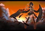  1girl belt bird_wings black_hair black_legwear black_wings boots clouds cross-laced_footwear fan feathers gmot hat hat_ribbon katana looking_at_viewer red_eyes ribbon shameimaru_aya shirt skirt solo sunset sword thighhighs tokin_hat touhou weapon wings zettai_ryouiki 