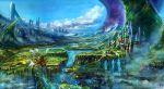  2014 absurdres castle clouds creature dated field highres landscape original river signature sky smoke spacesuit spire ufo water waterfall yk_(yk109) 