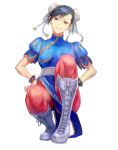  1girl black_eyes black_hair boots bracelet chun-li double_bun earrings grin hands_on_hips hidezi jewelry looking_at_viewer pantyhose simple_background smile solo spiked_bracelet spikes street_fighter white_background white_boots 