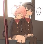  ... 2girls akemi_homura black_hair blazer bow dress_shirt hair_ribbon hairband kaname_madoka mahou_shoujo_madoka_magica multiple_girls pantyhose quiver ribbon samidare school_uniform shirt sitting skirt sleeping_on_person twintails 