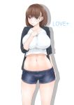  1girl anegasaki_nene blush breasts brown_hair crop_top denim denim_shorts highres huge_breasts libre love_plus midriff mole navel short_hair short_shorts shorts standing violet_eyes 