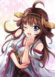  1girl ;p bare_shoulders blue_eyes blush breasts brown_hair detached_sleeves double_bun hair_ornament hairband headgear japanese_clothes kantai_collection kongou_(kantai_collection) long_hair nontraditional_miko open_mouth personification ryusei skirt smile solo tongue wink 