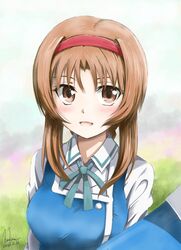  1girl blush brown_eyes brown_hair d-frag! grass highres kem_kem long_sleeves open_mouth school_uniform signature takao_(d-frag!) 