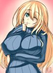  1girl alternate_costume atago_(kantai_collection) blonde_hair blush breasts green_eyes kantai_collection large_breasts long_hair looking_at_viewer personification ribbed_sweater smile solo sweater takeda_aranobu turtleneck turtleneck_sweater wink 