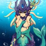  1girl black_sclera breasts bubble center_opening kuroinu0067 league_of_legends looking_at_viewer mermaid monster_girl nami_(league_of_legends) red_eyes smile solo staff underwater 