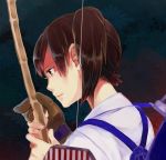  1girl archery back blush bow_(weapon) brown_eyes brown_hair ecriture flight_deck japanese_clothes kaga_(kantai_collection) kantai_collection kyuudou lips personification quiver short_hair side_ponytail weapon yugake 