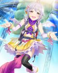  1girl :d artist_request belt black_legwear brown_eyes detached_sleeves hair_ornament hairclip headset idolmaster idolmaster_cinderella_girls koshimizu_sachiko official_art open_mouth parachute purple_hair short_hair skirt smile solo thighhighs wings 