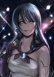  1girl black_hair blue_eyes breasts brooch elbow_gloves eyebrows gloves highres jewelry lips long_hair lynn_minmay macross microphone orion-m pinky_out solo space 