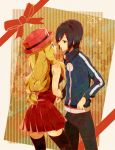  1boy 1girl black_hair black_legwear blonde_hair blue_eyes bow calme_(pokemon) eye_contact green_eyes hat holding_hands jacket long_hair looking_at_another low-tied_long_hair pleated_skirt pokemon pokemon_(game) pokemon_xy porkpie_hat serena_(pokemon) skirt sleeveless sleeveless_shirt thighhighs yuno_tsuitta zettai_ryouiki 