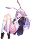  1girl animal_ears blazer blush kyon_(fuuran) loafers long_hair looking_at_viewer necktie open_mouth purple_hair rabbit_ears red_eyes reisen_udongein_inaba shoes simple_background skirt smile solo touhou white_background white_legwear 