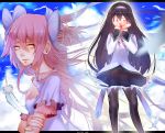  2girls akemi_homura black_hair blue_sky bow breasts cleavage cleavage_cutout crying feathers goddess_madoka hair_bow hairband highres kaname_madoka letterboxed long_hair magical_girl mahou_shoujo_madoka_magica multiple_girls pantyhose pink_hair skirt sky spiky_hair spoilers tears two_side_up whither_laws yellow_eyes 