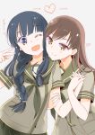  2girls bangs black_hair blunt_bangs braid brown_eyes brown_hair heart interlocked_fingers kantai_collection kitakami_(kantai_collection) long_hair moriyama_(kuromorry) multiple_girls ooi_(kantai_collection) open_mouth personification school_uniform serafuku skirt smile v wink 