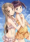  2girls beach black_hair blonde_hair hug hug_from_behind long_hair midriff minami_shizuku miniskirt multiple_girls navel noda_kotone open_mouth outdoors pvmivs sakura_trick scrunchie short_twintails skirt smile swimsuit twintails water yuri 