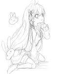  1girl chita_(ketchup) kantai_collection long_hair monochrome rabbit ribbon sitting solo uzuki_(kantai_collection) 