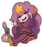  1girl adventure_time beans big_hair blush_stickers breasts campfire eating food food_on_face gashi-gashi lumpy_space_princess personification pink_hair poverty solo star track_suit walkie-talkie 
