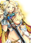 1girl belt blonde_hair breasts cape cleavage code_of_princess crown flower gauntlets ginji74 gradient gradient_background highres large_breasts long_hair open_mouth shadow smile solange_blanchefleur_de_luxe solo sword thong wavy_hair weapon white_eyes 