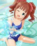  1girl ;d barefoot brown_hair hose idolmaster idolmaster_cinderella_girls official_art one-piece_swimsuit open_mouth school_swimsuit short_twintails sitting smile solo star swimsuit tagme takatsuki_yayoi twintails wariza water wink 