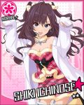  1girl :3 blue_eyes breasts brown_hair character_name cleavage earrings ichinose_shiki idolmaster idolmaster_cinderella_girls jacket jewelry long_hair looking_at_viewer loose_clothes open_mouth smile solo thighhighs 