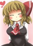  1girl ^_^ arms_behind_head ascot blonde_hair breasts closed_eyes dress dress_shirt gaoo_(frpjx283) hair_ribbon highres impossible_clothes impossible_dress large_breasts ribbon rumia shirt short_hair smile solo touhou 