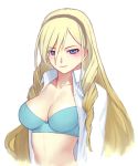  1girl blonde_hair blue_bra blue_eyes blush bra breasts bust celia_kumani_entory cleavage drill_hair hairband large_breasts long_hair looking_at_viewer open_clothes open_shirt rough sakamoto_mineji simple_background solo underwear walkure_romanze white_background 