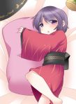  1girl bowl chestnut_mouth commentary_request hammer hammer_(sunset_beach) hat hat_removed headwear_removed japanese_clothes kimono long_sleeves looking_at_viewer lying minigirl obi on_side open_mouth pillow pillow_hug purple_hair sash solo sukuna_shinmyoumaru touhou violet_eyes wide_sleeves 