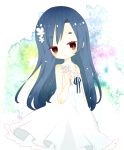  1girl blue_hair blush brown_eyes dress flower highres idolmaster kisaragi_chihaya long_hair mike_(mikeneko) ribbon star white_dress 