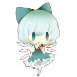 1girl blue_eyes blue_hair bow chibi cirno eating food food_on_face hair_bow ice ice_wings lowres mike_(mikeneko) open_mouth popsicle short_hair touhou wings 