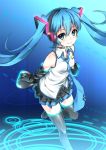  1girl blue_eyes blue_hair boots detached_sleeves hatsune_miku headset long_hair looking_at_viewer megalateo necktie skirt smile solo thigh_boots thighhighs twintails vocaloid 