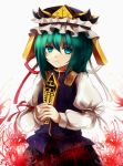  1girl aqua_eyes arm_ribbon bust expressionless flower hat hat_ribbon juliet_sleeves long_sleeves looking_at_viewer maho_moco puffy_sleeves ribbon rod_of_remorse shikieiki_yamaxanadu shirt short_hair solo spider_lily touhou vest white_background 