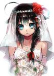  1girl ahoge bare_shoulders black_hair blue_eyes bouquet braid breasts collarbone dress elbow_gloves flower gloves hair_flower hair_ornament highres jewelry kai_ri kantai_collection long_hair looking_at_viewer necklace shigure_(kantai_collection) veil wedding_dress white_background 