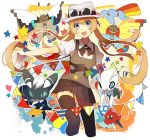  1girl alternate_costume ascot black_legwear blonde_hair celebi fletchling hat heiwa_(murasiho) long_hair meowstic open_mouth outstretched_arm pennant pleated_skirt pokemon pokemon_(creature) pokemon_(game) pokemon_xy serena_(pokemon) skirt star sunglasses sunglasses_on_head thighhighs twintails vivillon zettai_ryouiki 