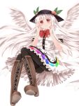  1girl alternate_color alternate_hair_color angel_wings black_legwear blush boots cross-laced_footwear food fruit hat highres hinanawi_tenshi lace-up_boots long_hair looking_at_viewer m.u.g.e.n mixarumixa pantyhose peach red_eyes simple_background solo thighband_pantyhose touhou white_background white_hair wings 