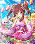  1girl :d artist_request blush bow brown_eyes brown_hair detached_sleeves hair_bow hair_ornament idolmaster idolmaster_cinderella_girls japanese_clothes kimono long_hair microphone official_art ogata_chieri open_mouth smile tagme twintails v 