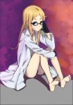  1girl adjusting_glasses barefoot black_bra black_gloves black_panties blonde_hair blue_eyes bra glasses gloves half_gloves labcoat long_hair natasha_(sekai_seifuku) panties remonnuryuno03 sekai_seifuku:_bouryaku_no_zvezda smile solo underwear 