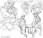  1boy 1girl alternate_costume bdsm bodysuit bondage bound_wrists breasts chair cleavage cody_travers collage couple cuffs dancing diepod facial_hair grin han_juri handcuffs laughing prison_clothes short_twintails sitting sitting_on_lap sitting_on_person sketch smile spiky_hair street_fighter stubble twintails watermark web_address 